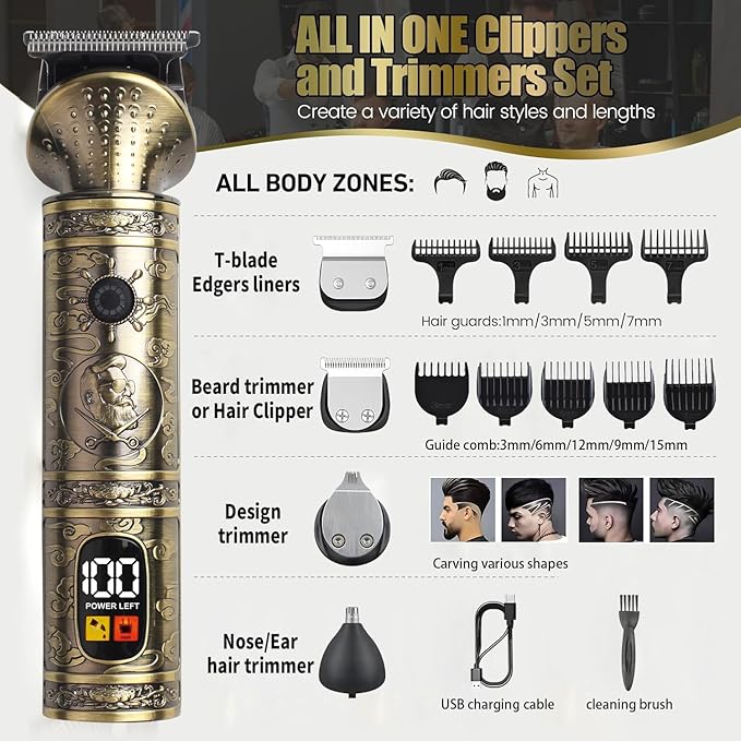 Trimmer Kit Professional Hair Clipper Zero Gapped T-Blade Electric Shaver Razor Nose Body Trimmer for Men Cordless Grooming Kit 4 in 1
