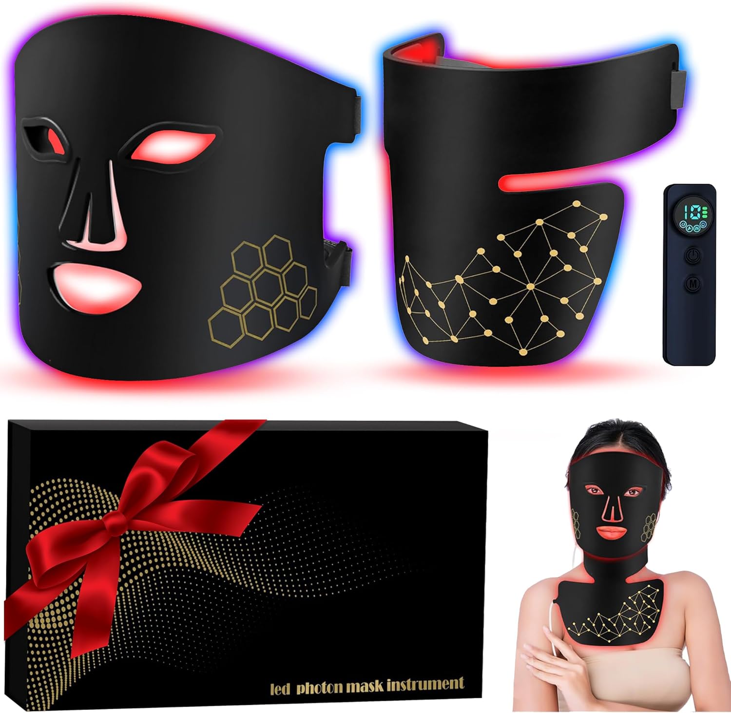 Red Light Therapy for Face and Neck, Rechargeable Infrared Mask, 850nm Near-Infrared, 4 Modes, Anti-Aging Face and Neck Treatment.