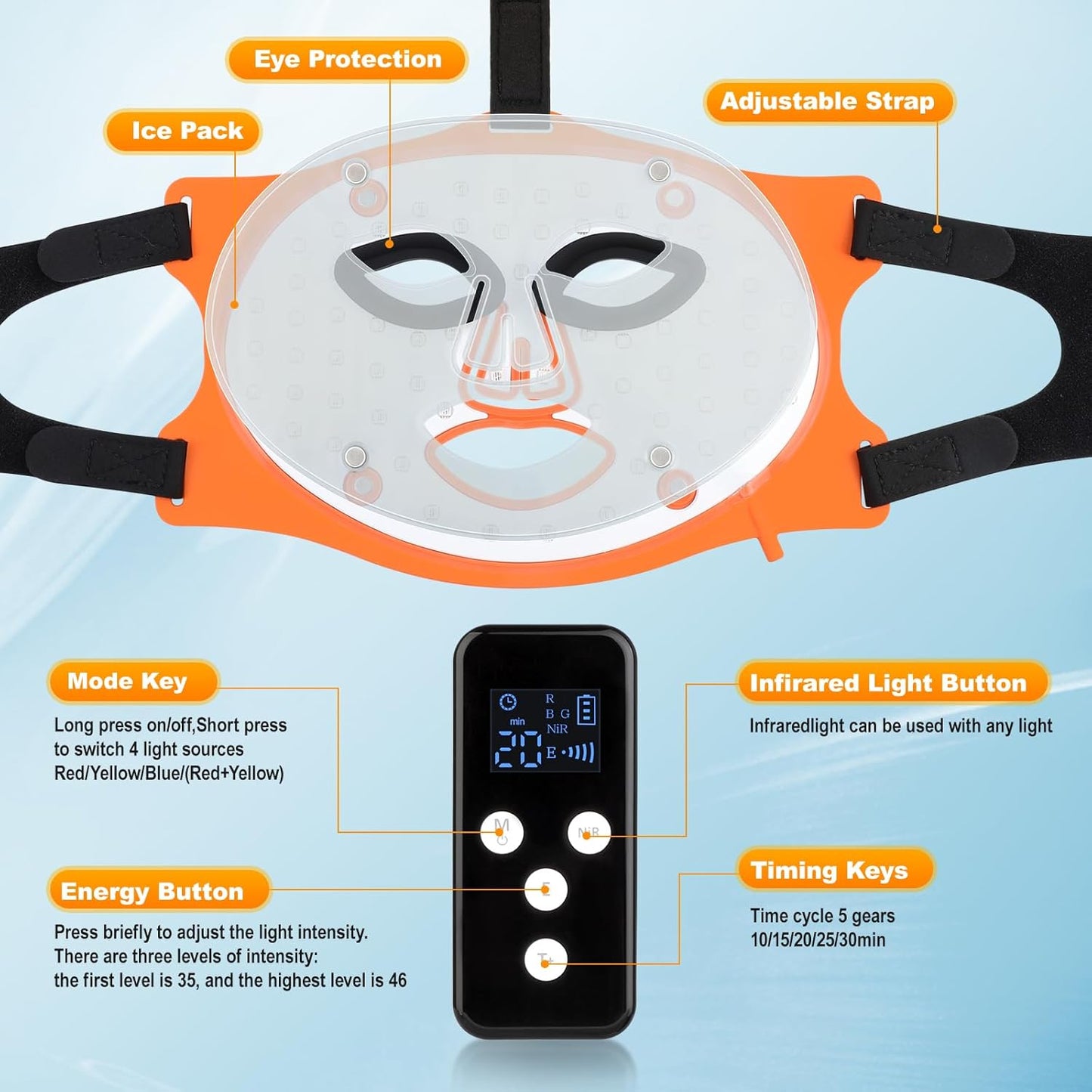 Red Light Therapy for Face with Ice Compress, 850nm Infrared Red Light Therapy, 8 Light Modes Led Face Mask Light Therapy, 4 in 1 lamp beads, 3000mAh, Facial light therapy devices for Home, Orange