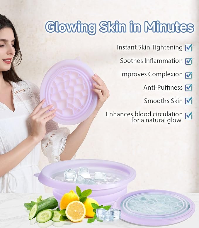 Face Bowl for Ice with Built-in Ice Tray – Collapsible Silicone Facial Ice Bath Bowl for Cold Plunge Therapy, Skin Tightening & Acne Relief – Portable Spa Tool for Home & Travel(Purple)