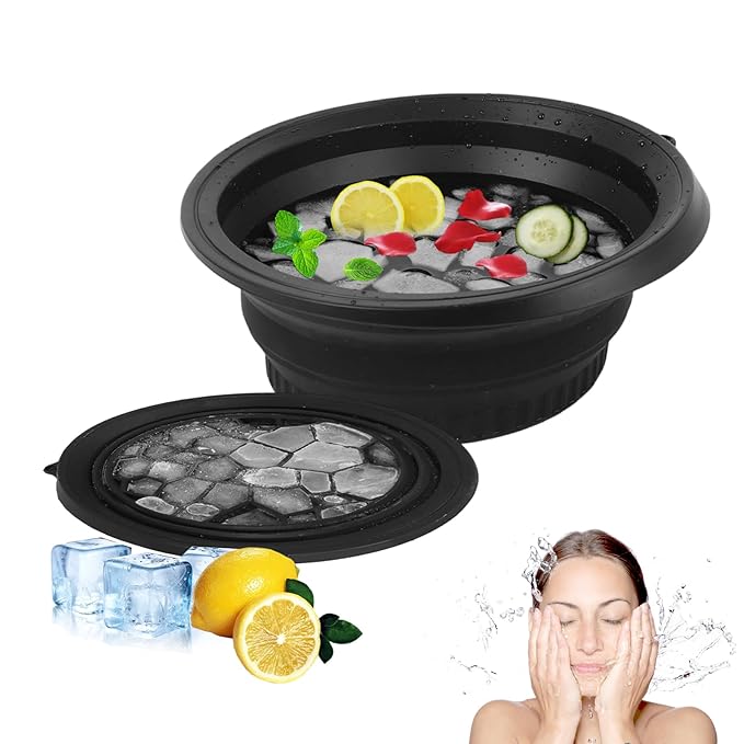 Face Bowl for Ice with Built-in Icetray,Portable Foldable Silicone Face Ice Bath Bowl,Ice Bath Facial Plunge Bowl for Skin Tightening & Acne Relief,Black