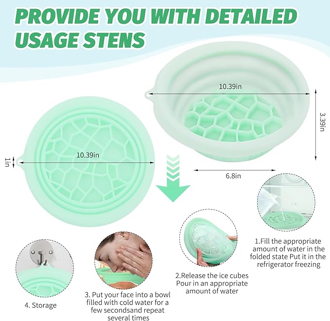 1 Piece of Face Bowl for Ice, Face Ice Bath Bowl, Comes with 1 Light Blue Face Wash Strap and 1 Pair of Face Wash Wrists, Built-in Ice Tray, Foldable and Portable (Green)