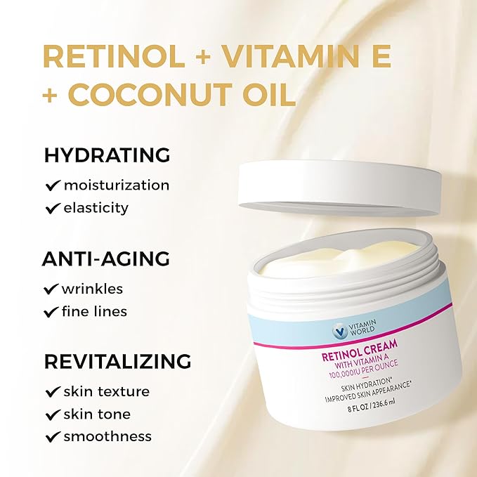 Vitamin World Retinol Cream 100,000 IU 8 oz., Gentle Retinol Night Cream for Face with Retinyl Palmitate & Dual Vitamin E & Coconut Oil, Face Moisturizer, Anti-Aging Wrinkle Cream