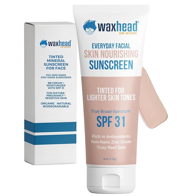 Waxhead Tinted Mineral Sunscreen for Face – Sheer Glow BB Cream Moisturizer with SPF 31, Non-Nano Zinc Oxide, Unscented, Non‑Comedogenic Mineral Facial Sunscreen, Primer under Makeup (Light Tint 4oz)