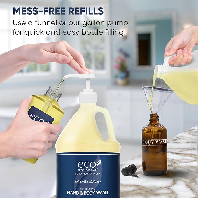 1-Shoppe Terra Pure Eco Botanics Natural Hand & Body Wash with Raw Honey & White Tea | Gallon Jug Bulk Toiletries for Airbnb, Vacation Rentals, and Home Bathroom| Refill For Soap Dispensers | Set Of 4