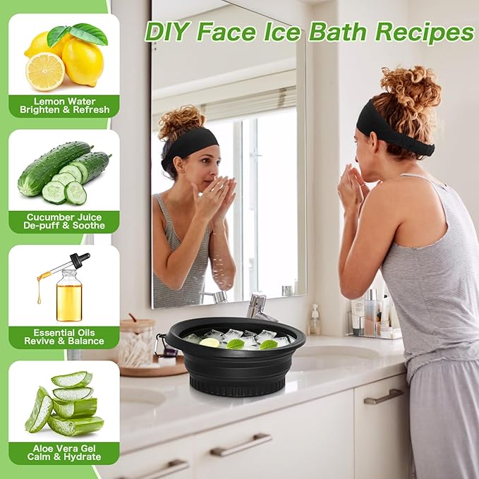 Foldable Ice Bowl with Built-In Ice Tray – Silicone Facial Ice Bath for Shrinking Pores, Boosting Circulation, Cold Plunge Skincare Gift for Men & Women (Black)