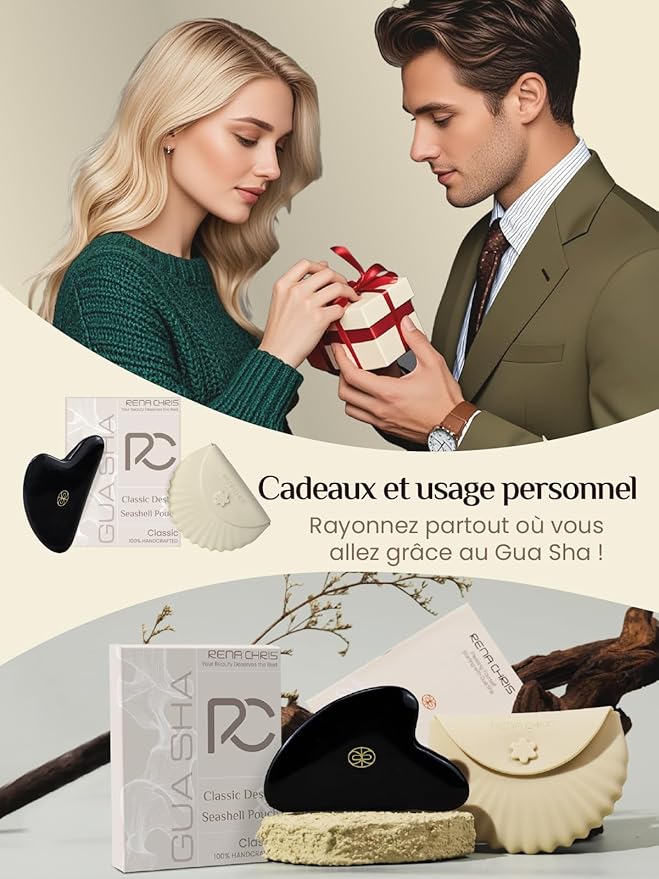 Rena Chris Gua Sha Facial Tools, Ergonomic Black Obsidian Jade Guasha Tool for Face Massage, Manual Facial Massager Tool for Jawline Sculpting and Puffiness Reduction with Silicone Case (Black)