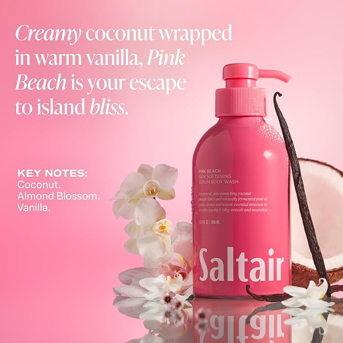 Saltair Body Wash, Pink Beach 2-Pack. Moisturizing Body Cleanser with Monoi Oil and Cupuacu Butter. Luxury Shower Gel for Women and Men. Vegan, Cruelty-Free, Paraben-Free. 2x 17oz Pump Bottles