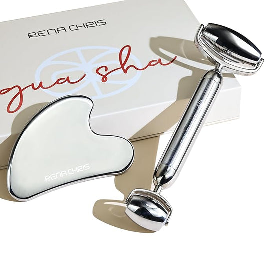 Rena Chris Gua Sha and Face Roller Set: Anti-Breakage Stainless Steel Roller for Long-Lasting Use, Jawline Sculpting and Puffiness Reducing, Gua Sha Facial Tools for Self Care Gift (Silver)