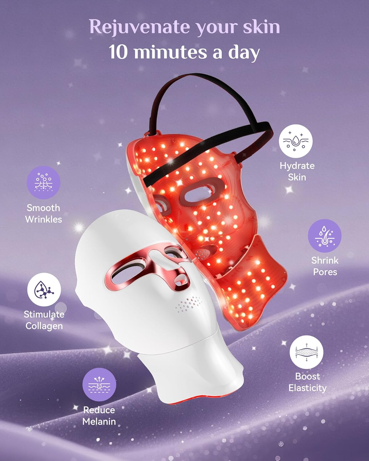 FOLOKE Red Light Therapy Mask for Face & Neck, LED Face Light Therapy,USB C Rechargeable,Infrared Mask for Home Working Travel Yoga (purple pink)