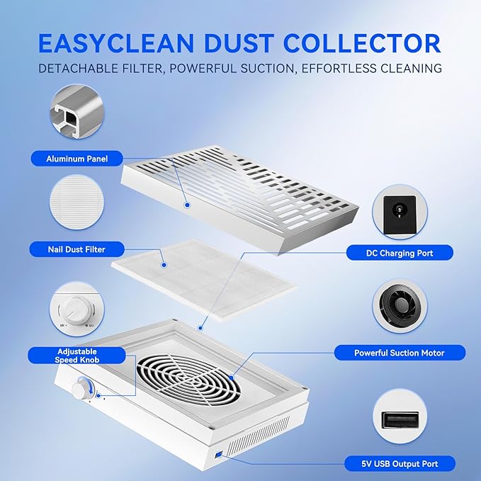 Makartt Nail Dust Collector - Dust Collector Nail Tech Quite SYMPHONEE Dust Extractor Vacuum for Acrylic & Gel Nails Plug-in Ultra Thin Portable with Reusable Filter White