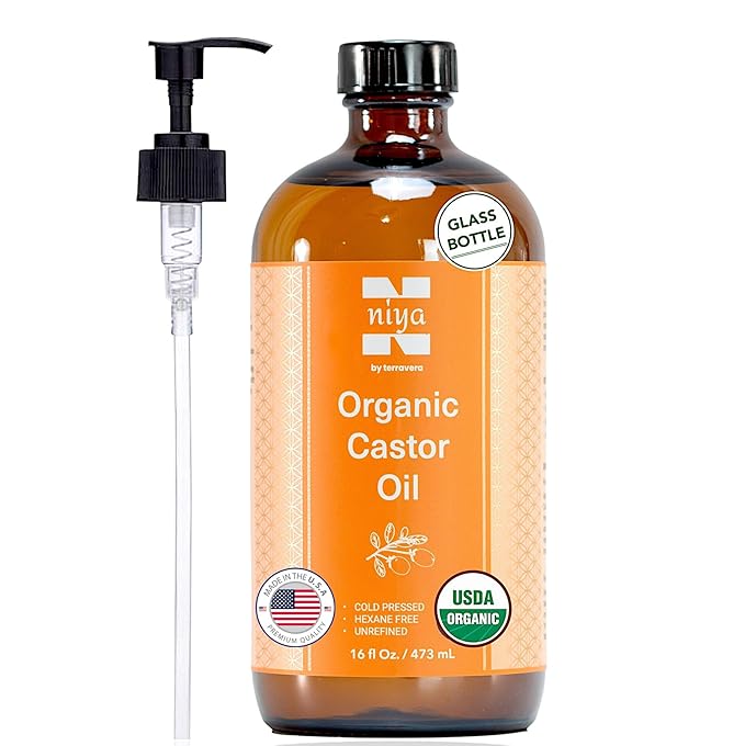 Niyavera 16oz Pure Castor Oil Organic Cold Pressed Unrefined, Hexane Free,Natural - Glass Bottle with Pump, USDA Certified, Golden Castor oil for Skin, Hair, Lashes, Nails & More