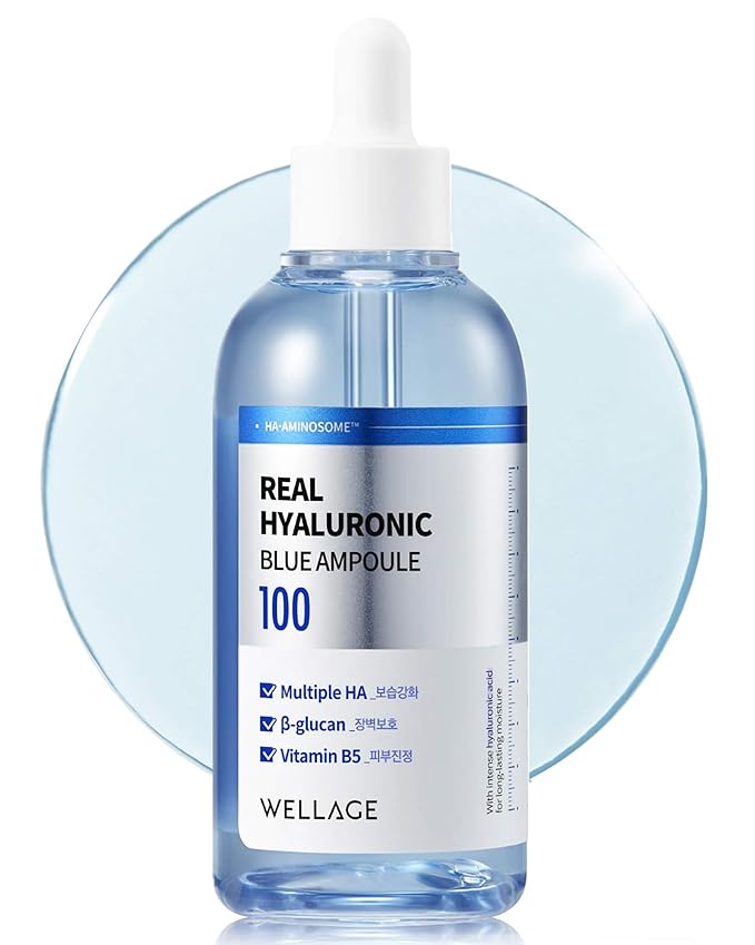 WELLAGE Real Hyaluronic Blue Ampoule 100, Fragrance Free Hyaluronic Acid Ampoule, Hydrating Non Sticky Serum for Sensitive Dry Skin, 2.54 fl.oz
