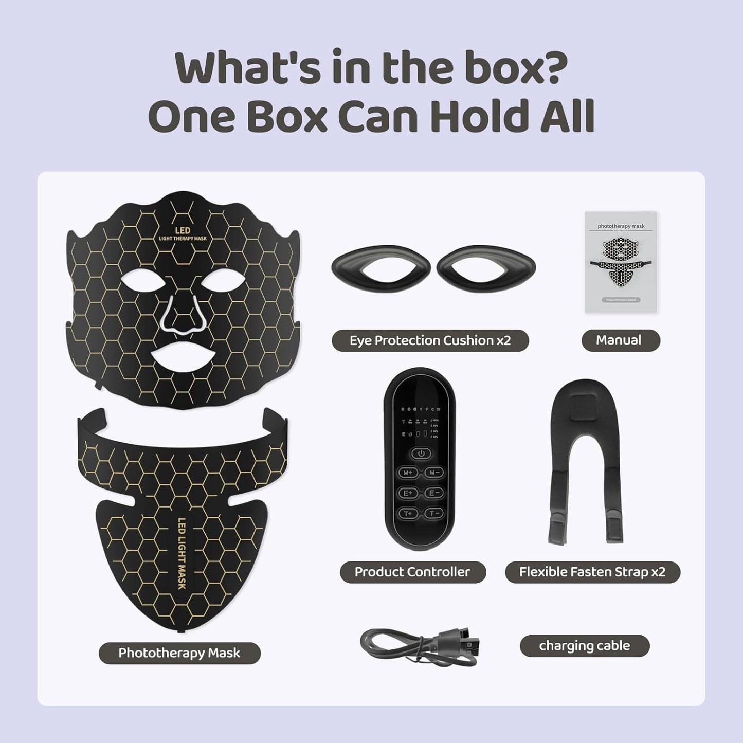 Yahi Red Light Photon Facial & Neck Mask with Remote Control, 7 Custom Modes with Infrared, Portable & Rechargeable with Timer for Home Use, 175 High-Density Light Beads, Black