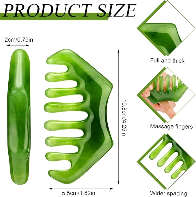 Geiserailie 2 Pieces Jade Combs Massage Stone Hair Gua Sha Scraping Scalp Comb Facial Massage Tool Multifunctional Handheld Head Tools Head Caring Therapy Mother's Day Gift (Dark Green Style)