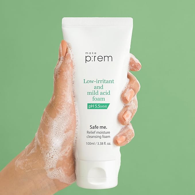 MAKE P:REM Safe Me. Relief Moisture Cleansing Foam, Delicate Eye-Friendly Face Wash for Sensitive Skin, pH Balanced Deep Pore Cleansing, Korean Skin Care, 3.38 Fl Oz, 100ml