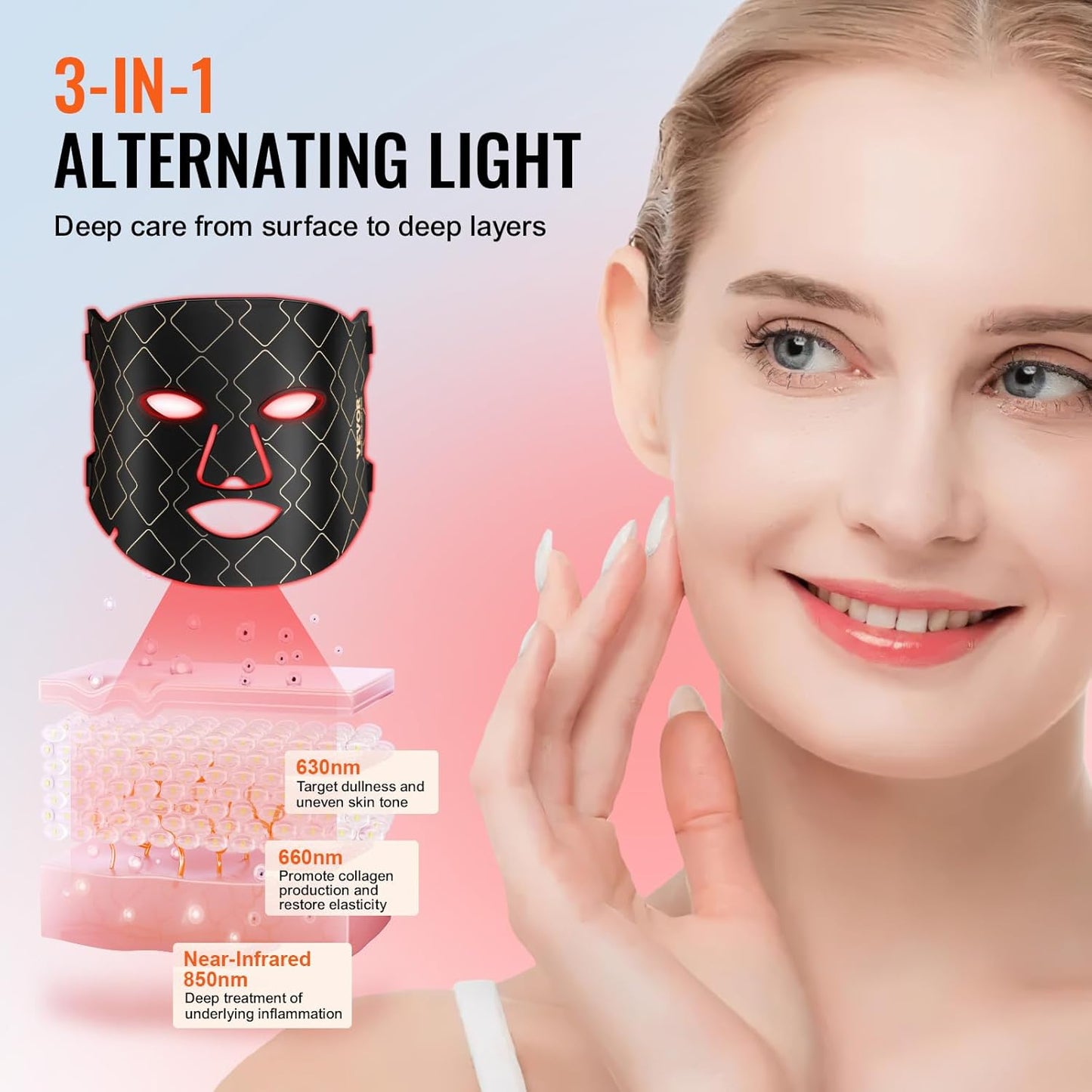 VEVOR Red Light Face Mask, LED Face Mask with 3 Wavelengths and 3 Intensity Levels, Soft Silicone Facial Skin Care Device for Skin Health, Anti Aging Wrinkles, Portable for Travel and Home Use