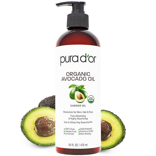 PURA D'OR 16 Oz ORGANIC Avocado Oil - 100% Pure & Natural USDA Certified Cold Pressed Carrier Oil For DIY Beauty, Non-Greasy, Unscented, Hexane Free Liquid Moisturizer - Face Skin & Hair - Men & Women