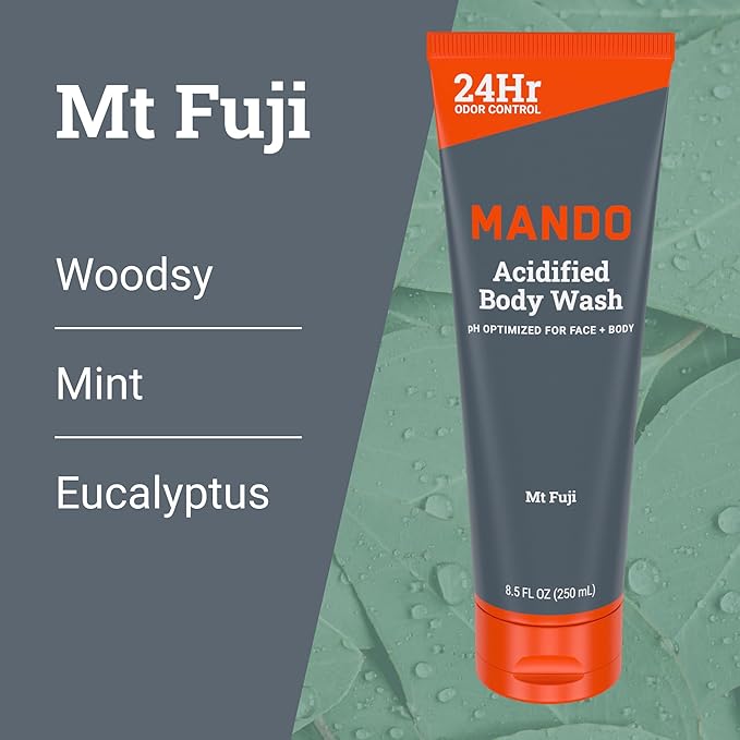 Mando Acidified Body Wash - 24 Hour Odor Control - Removes Odor Better than Soap - Formulated without SLS or Phthalates - Skin Safe - 8.5 Ounce (Pack of 2) - Bourbon Leather and Mt Fuji