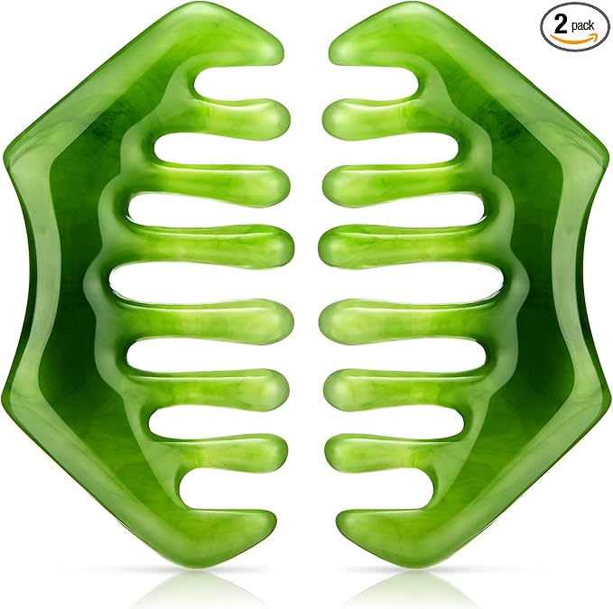 Geiserailie 2 Pieces Jade Combs Massage Stone Hair Gua Sha Scraping Scalp Comb Facial Massage Tool Multifunctional Handheld Head Tools Head Caring Therapy Mother's Day Gift (Dark Green Style)