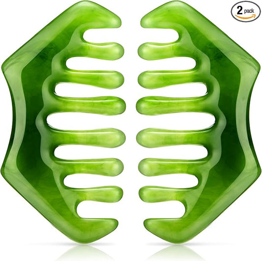 Geiserailie 2 Pieces Jade Combs Massage Stone Hair Gua Sha Scraping Scalp Comb Facial Massage Tool Multifunctional Handheld Head Tools Head Caring Therapy Mother's Day Gift (Dark Green Style)