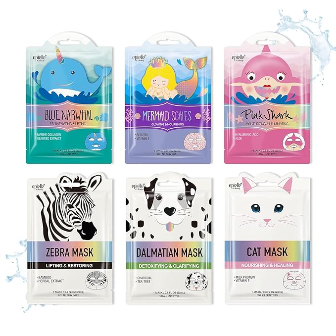 Epielle Animal Character Sheet Masks 6 Pack, Moisturizing & Rejuvenating Face Mask with Hyaluronic Acid & Vitamin E, Korean Skin Care, Girls Spa Party Favors, Sleepover, Self Care Gifts for Women