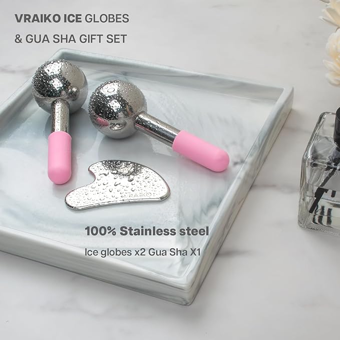 ICE Globes for Facials & Gua Sha Set, Gua Sha Facial Tools and Cryo Sticks with Unbreakable Steel, Face Massager Cooling Rollers for Dark Circles, Puffiness and Lymphatic Drainage (Pink)