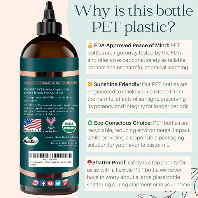 Live Fraiche Organic Castor Oil (16oz) + Filled Mascara Tube - 100% Pure Hexane Free Cold Pressed Castor Oil for Skin and Face - Hair Growth Oil for Eyelashes and Eyebrows Scalp & Hair Treatment Oil