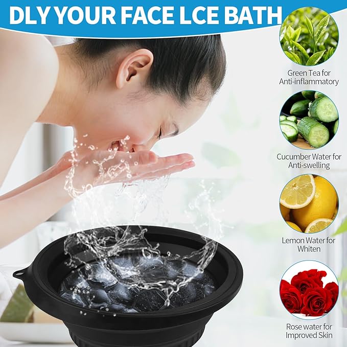 2PCS Large Bowl for Face Ice Bath Foldable Basin with Built-in Ice Tray Collapsible Silicone Bowl for Dipping Face Bath Portable Spa Tool for Home & Travel Reducing Puffiness (Black)
