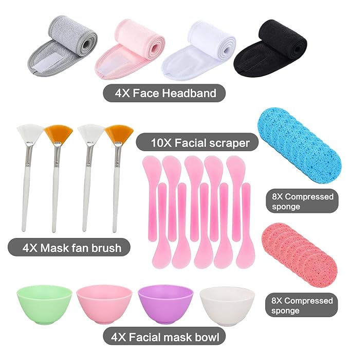 38PCS Face Mask Mixing Bowl Set,Esthetician Supplies Tool Kit with Facial Mask Bowl,Spatula Soft Brushes Wet Puff Headband Clay Applicator Tools,Esthetician Supplies for Facials