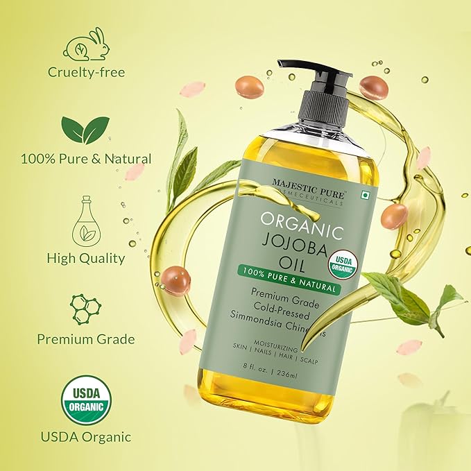 MAJESTIC PURE USDA Organic Jojoba Oil | 100% Pure Jojoba Oil for Skin, Hair, Scalp, Nails, Face | Cold Pressed & Hexane Free | Hair & Body Oil | 8 Fl Oz