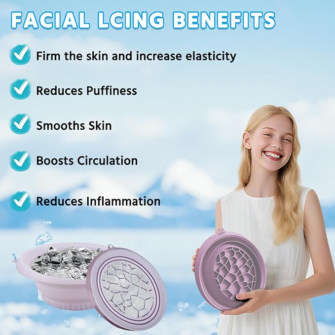 Foldable Silicone Facial Ice Bath Bowl, Ice Face Bowl with Built-in Ice Tray - for Cold Immersion Therapy, Skin Tightening and Acne Relief - Portable Cold Therapy Tool for Home and Travel (Purple)