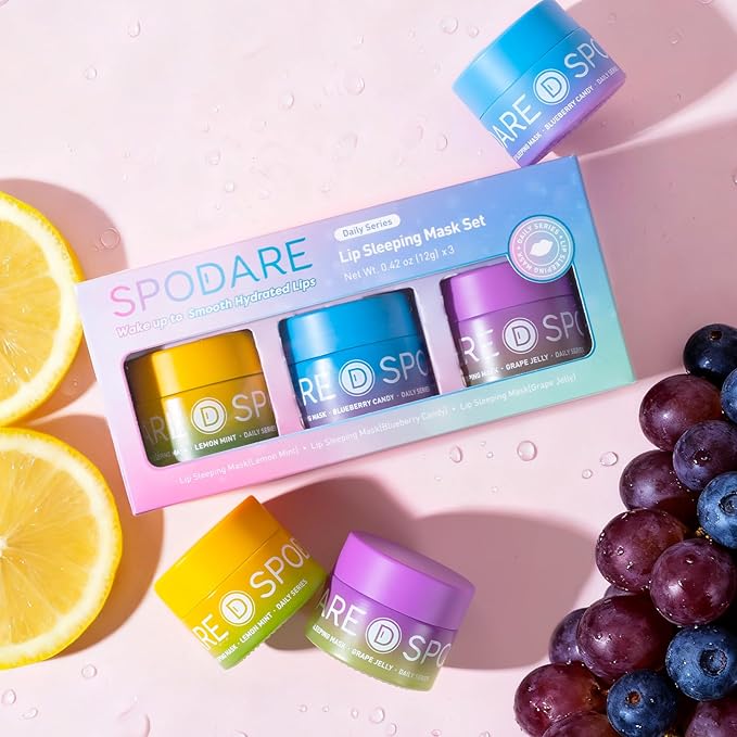 3-in-1 Dual-Color Sleeping Lip Mask Set – Blueberry, Grape & Lemon | Hydration & Repair for Dry Cracked Lips, Infused with Grape Seed Oil and Citrus Extracts for Rejuvenates Lips, 1.26 Fl Oz