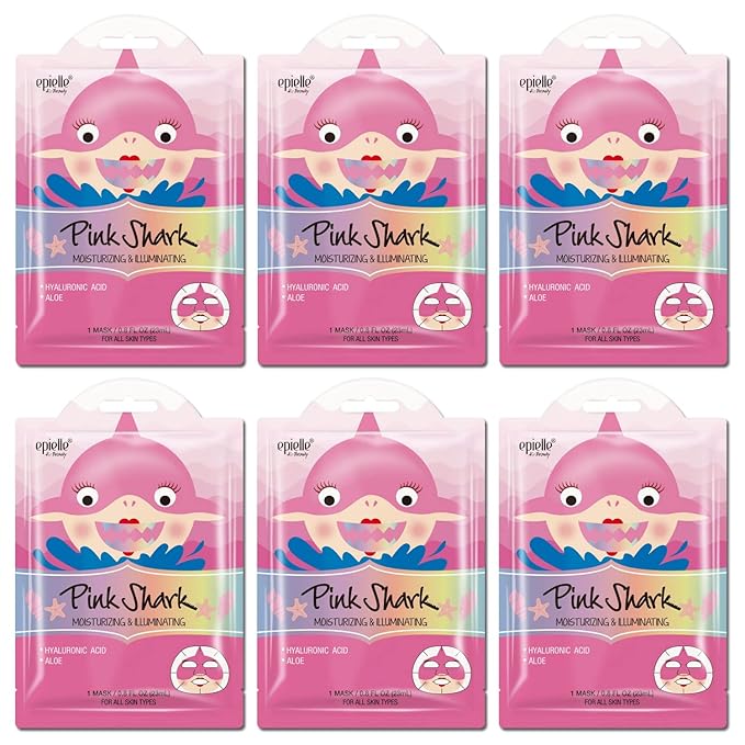 Epielle Animal Character Sheet Masks Pink Shark 6 Pack, Moisturizing Face Mask Skincare Set with Hyaluronic Acid & Aloe, Girls Spa Party Favors, Sleepover, Self Care Gifts for Women, Korean Skin Care