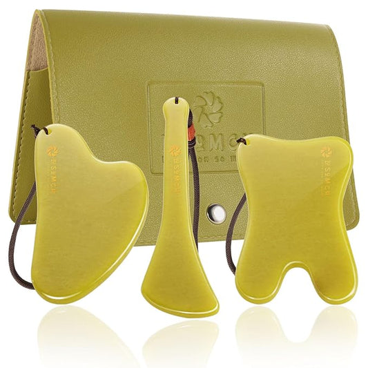 Gua Sha Facial Tool Set, Green Jade Stone Face Massager for Sculpting, Anti-Aging Skin Care Tools with Amethyst Facial Roller for Lymphatic Drainage, Beauty Gift for Women