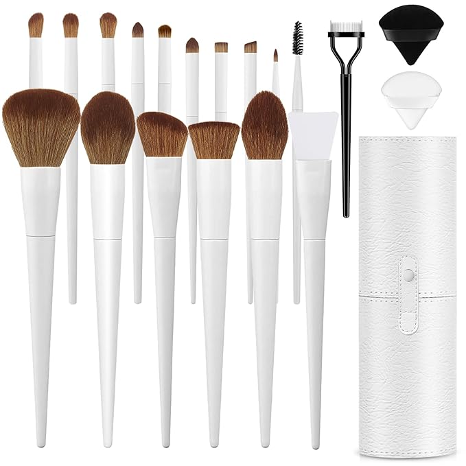 Makeup Brushes With Case 20PCs Professional Makeup Brush Set, Foundation Powder Eyeshadow Brush Set Eyebrow Concealer Contour Travel Brushes Kit with Holder & 2 Powder Puff-White