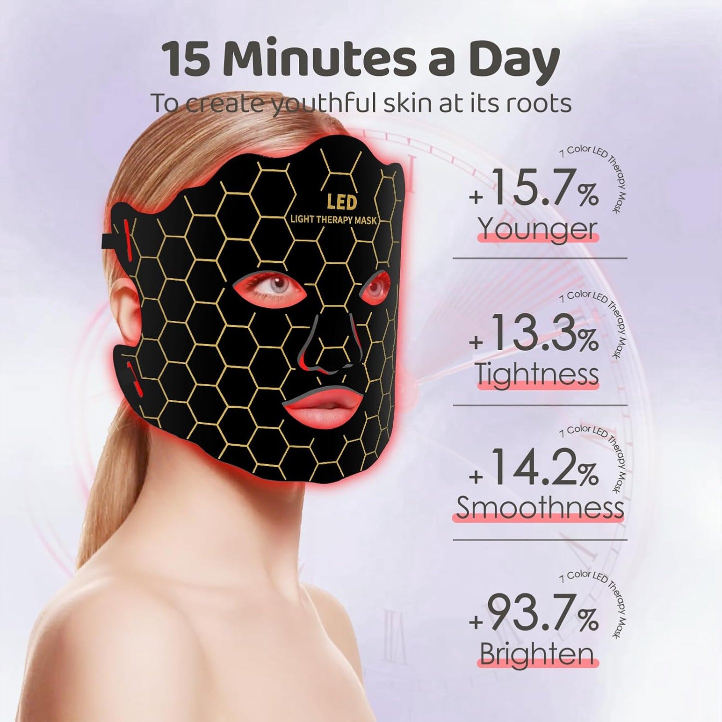 Yahi Red Light Photon Facial & Neck Mask with Remote Control, 7 Custom Modes with Infrared, Portable & Rechargeable with Timer for Home Use, 175 High-Density Light Beads, Black