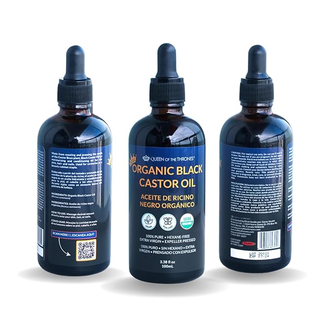 QUEEN OF THE THRONESOrganic Black Castor Oil - 100mL with Dropper| 100% Pure, Certified Organic, Hexane-Free, Extra Virgin | Moisturizing & Conditioning Oil for Skin, Hair & Nails