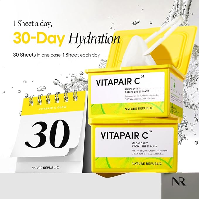 Nature Republic Vitapair C Glow Face Mask (30 vegan sheets) Niacinamide & Centella Asiatica Extract Bulk Facial spa Mask for Moisturizing & Hydrating Glow, korean beauty skin care for all skin types