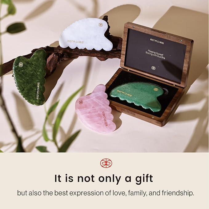 Rena Chris Gua Sha Facial Tool, Natural Jade Stone Body Gua sha with Exquisite Wooden Box, Large Guasha Suitable for Face Lifting, Puffiness Reducing and Whole-Body Massage, Skin Care Massager