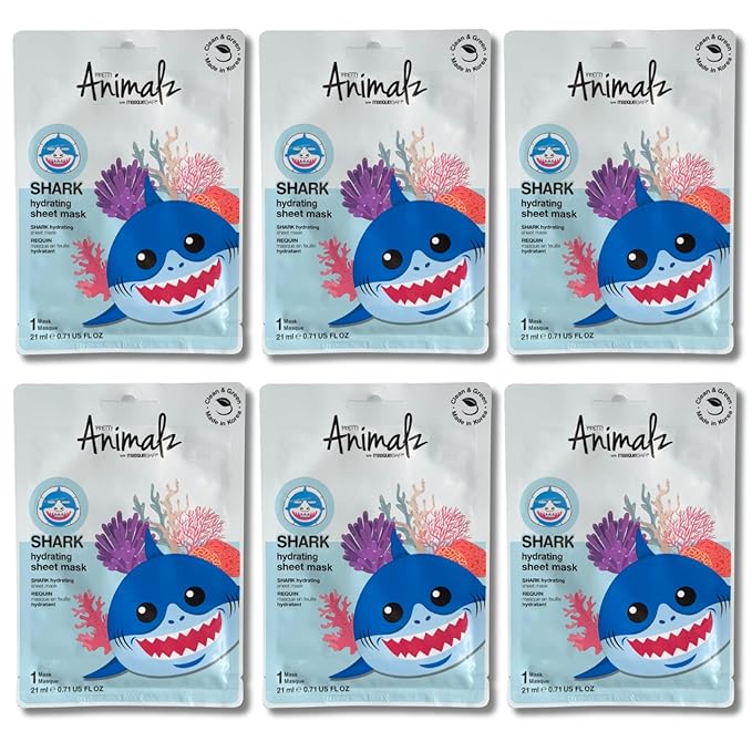 masque BAR Pretty Animalz Animal Character Sheet Mask, Korean Skin Care, Korean Spa Masks for All Skin Types, Spa Gifts, Birthday Party Gifts, Girls' Night, Skincare Party, Shark Pack of 6