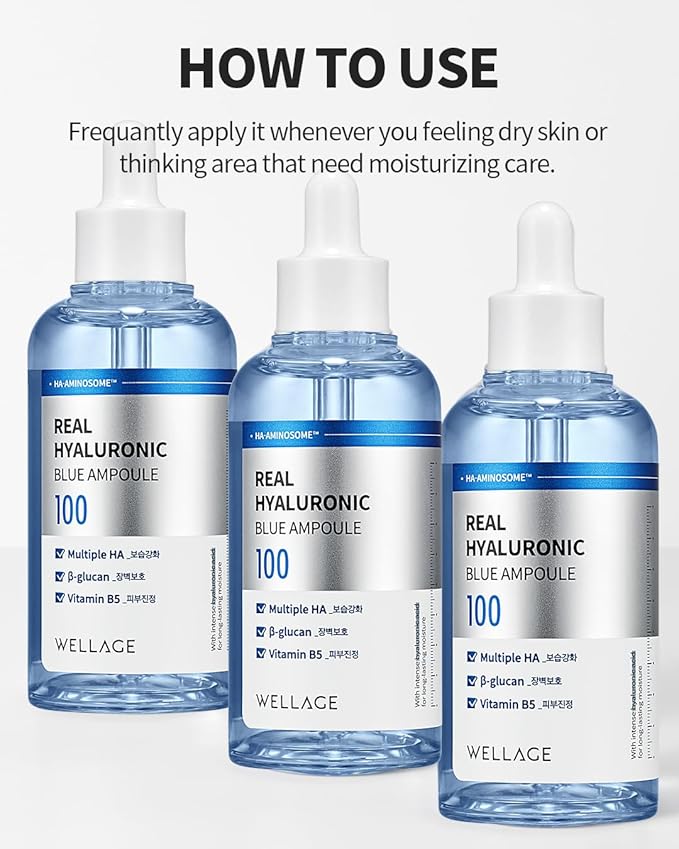 WELLAGE Real Hyaluronic Blue Ampoule 100, Fragrance Free Hyaluronic Acid Ampoule, Hydrating Non Sticky Serum for Sensitive Dry Skin, 2.54 fl.oz