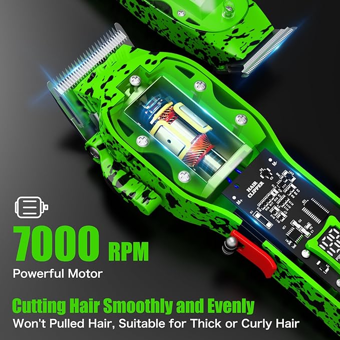 Professional Hair Clippers for Men, Cordless Barber kit for Hair Cutting & Grooming, Green Hair Clippers and Trimmer Set for Barber Haircut with LED Display, 8 Fade Taper Combs