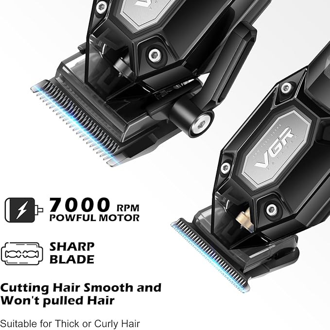 VGR Professional Hair Clippers for Men, Cordless Barber Clippers and Trimmers Set, Mens Hair Cutting Kit with 10 Guide Combs, USB Rechargeable Haircut Machine for Family, LED Display, Black
