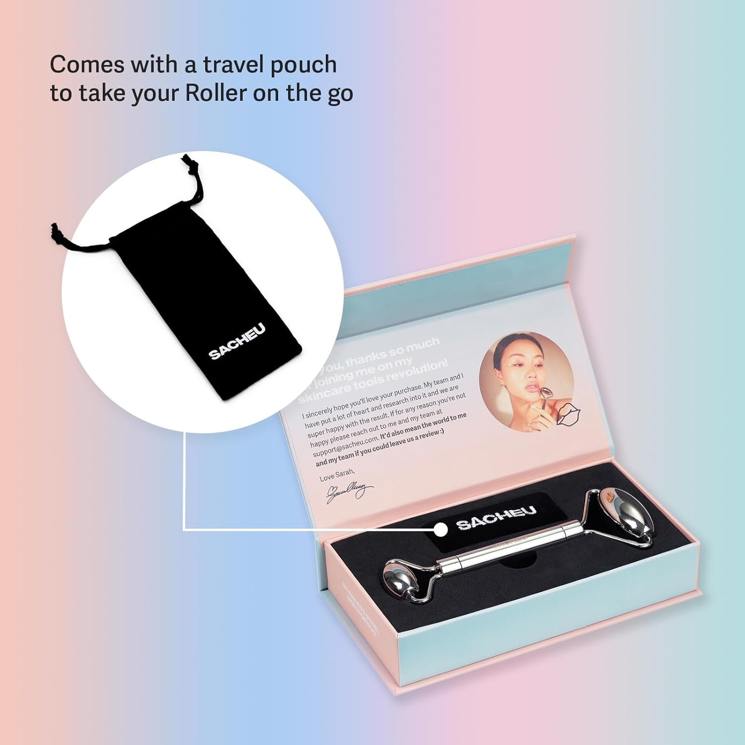 Stainless Steel Face Roller Skin Care and Lymphatic Drainage — Cooling Metal Roller for Puffiness, Wrinkles, and Face Lifting, Dual-Sided Facial and Eye Massager with Travel Pouch