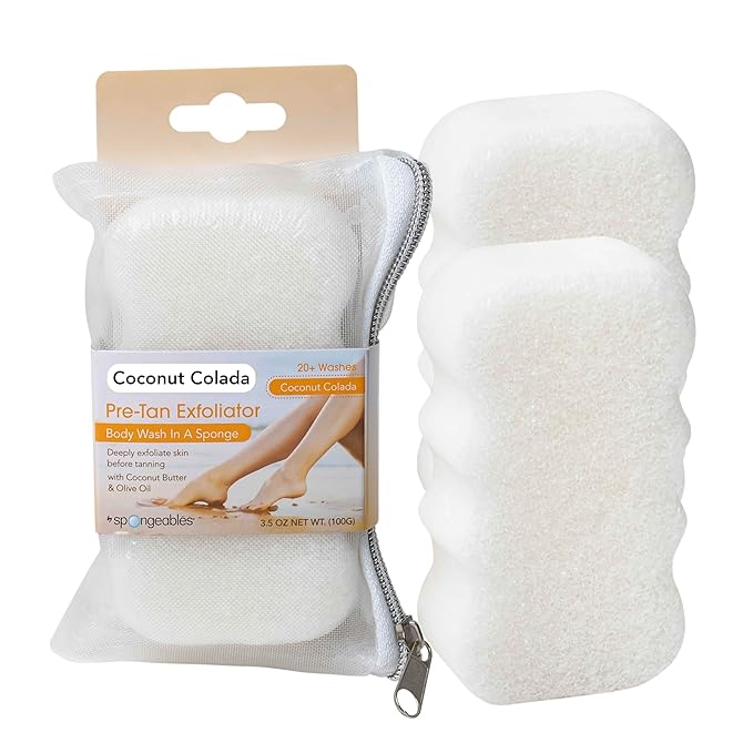 Spongeables Summer Ready Pre-tan Exfoliator 20+ Wash Sponges, Coconut Colada, 2 Count