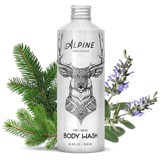 Alpine Provisions Natural Fir & Sage Body Wash – Refreshing & Moisturizing with Essential Oils, Aloe Vera & Coconut Oil – Vegan, Sulfate-Free, Plastic-Free Aluminum Bottle – 16.9 FL Oz