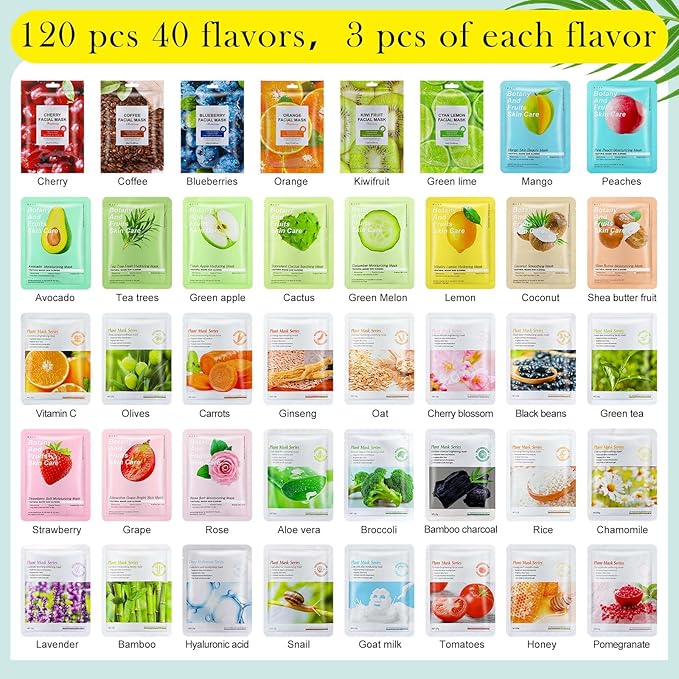 120 Pcs Assorted Combo Collagen Essence Face Masks Skincare Moisturizing Sheet Masks Bulk Hydrating Soothing Facial Mask for Most Skin Types Women Girls Gift Home Spa Travel