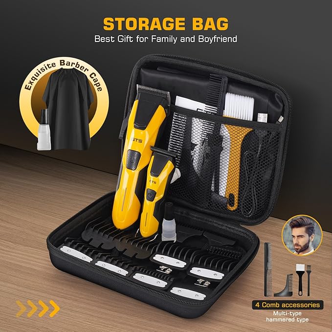 Professional Hair Clippers for Men, Professional Barber Clippers and Trimmer Set, Mens Cordless Hair Clipper for Barbers Haircut Kit Fade Yellow