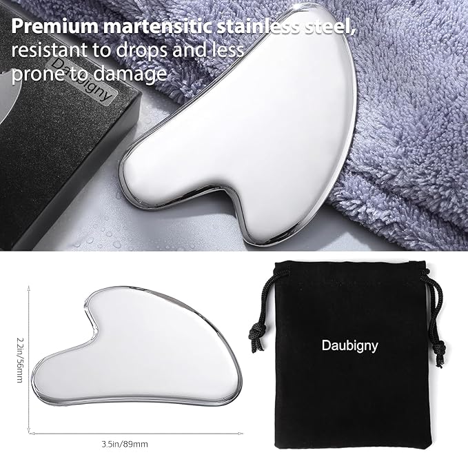 Daubigny Stainless Steel Gua Sha Facial Tools Guasha for Face Metal Gua Sha Tighten Skin Massage Guasha Beauty Tool for Body Eyes Neck Massager with Travel Pouch Skin Care Gifts (Silver)